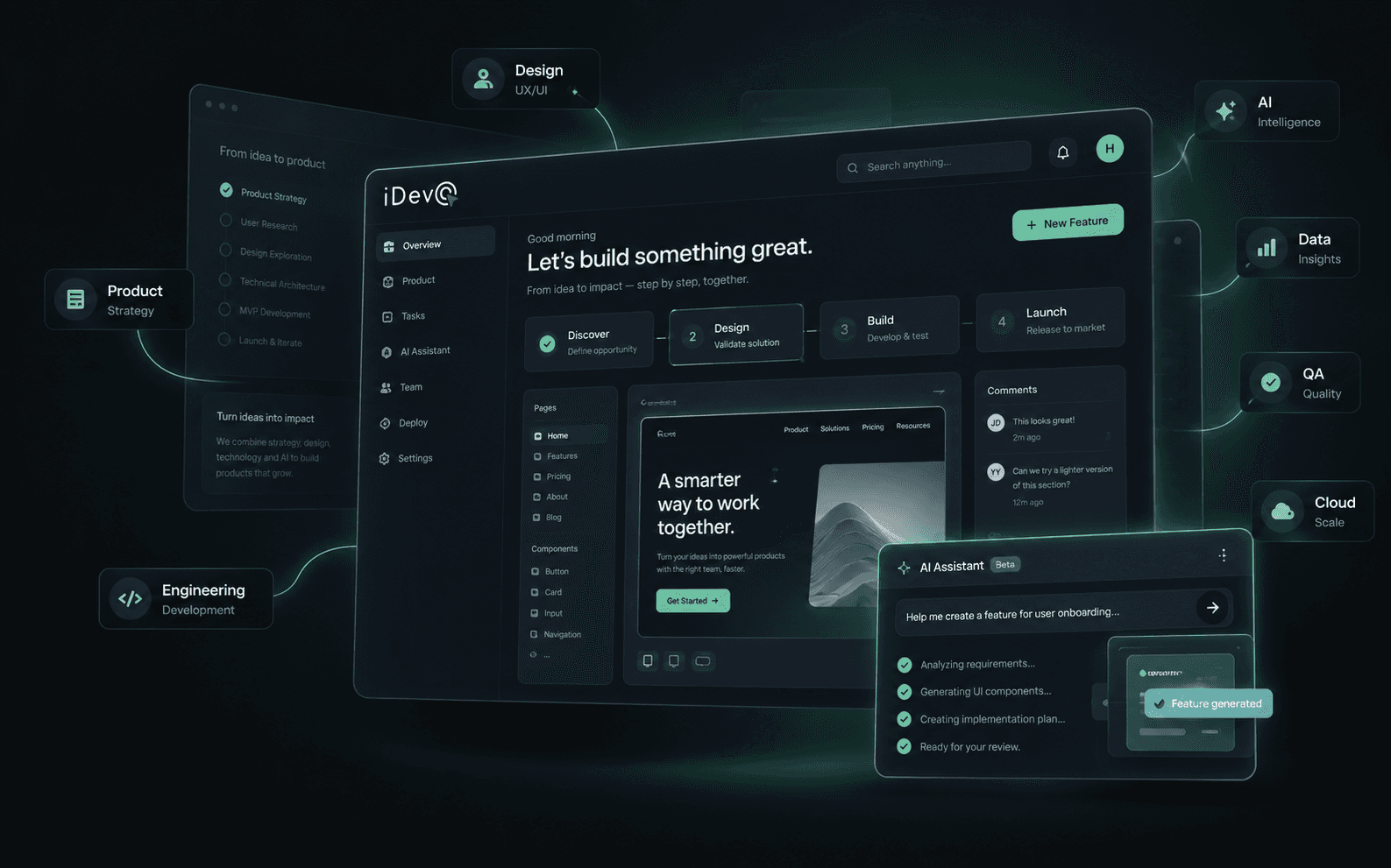 iDEVQ product workspace — AI-powered development with global product talent