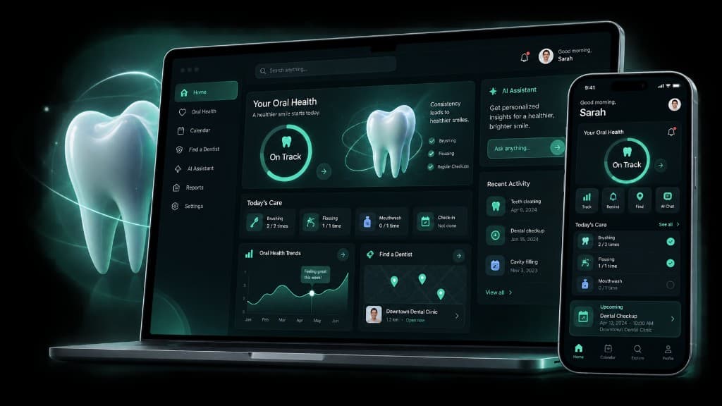 Dental Savvy oral health platform shown on desktop and mobile interfaces